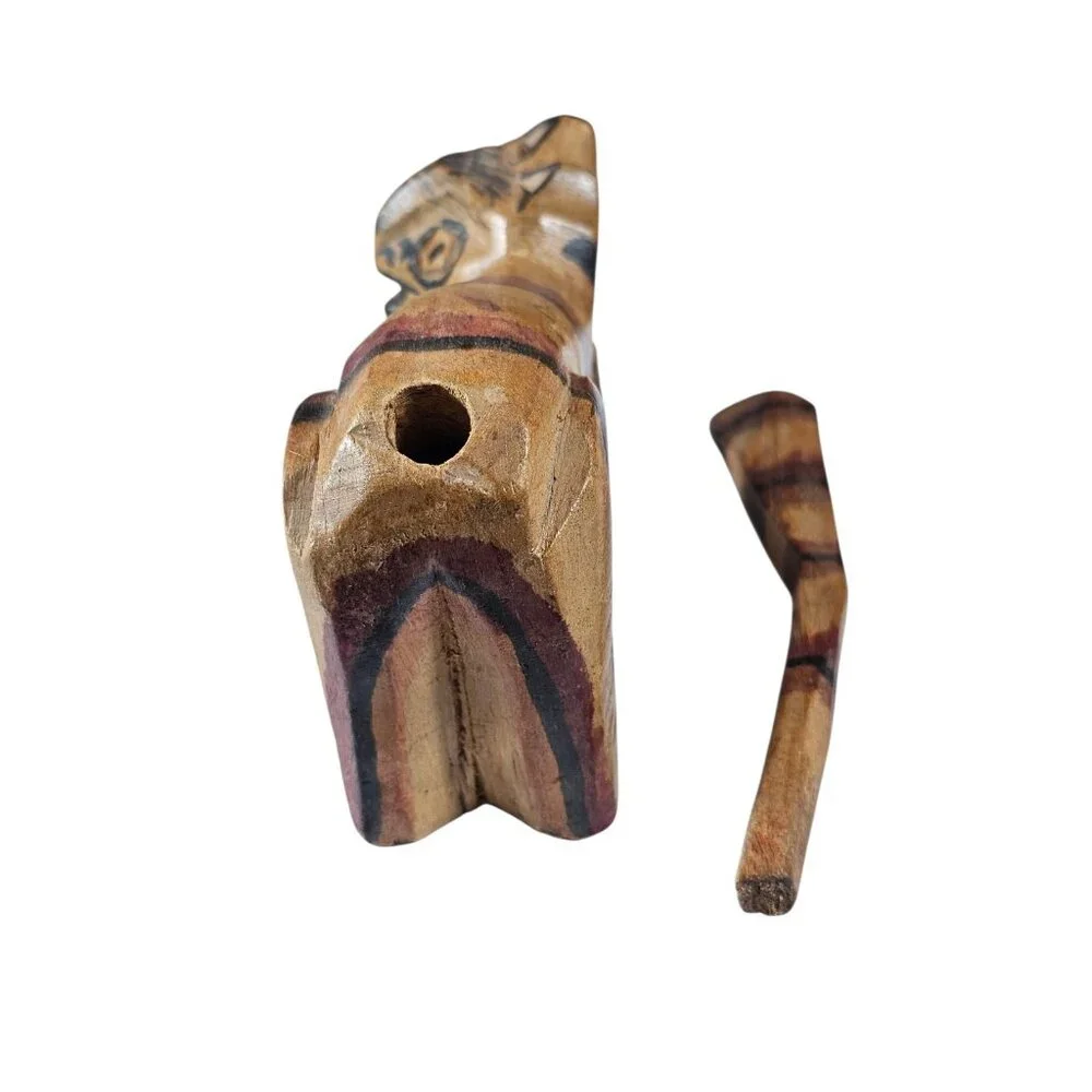 Vintage Guatemala Hand Carved Wood Cat Figurine Folk Art Painted Striped Wooden - Picture 5 of 10